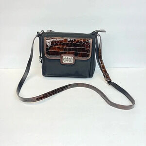 Vintage Brighton 90s Black Nylon Croc Leather Flap Crossbody Bag